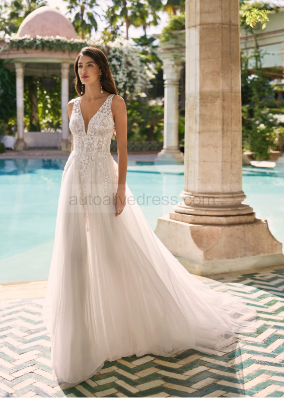 V Neck Beaded Ivory Tulle Luxurious Wedding Dress